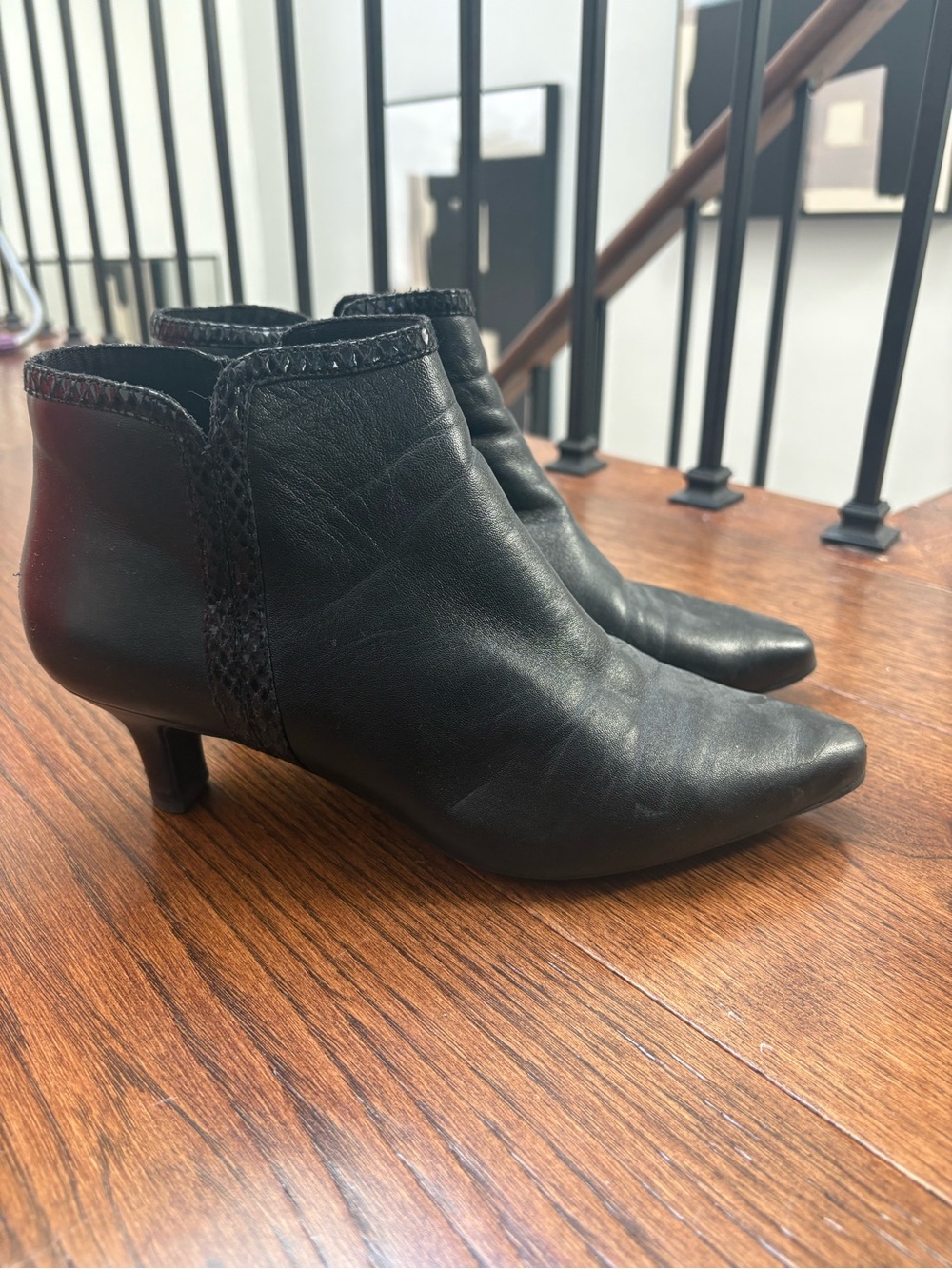Black Leather Pointed Ankle Booties